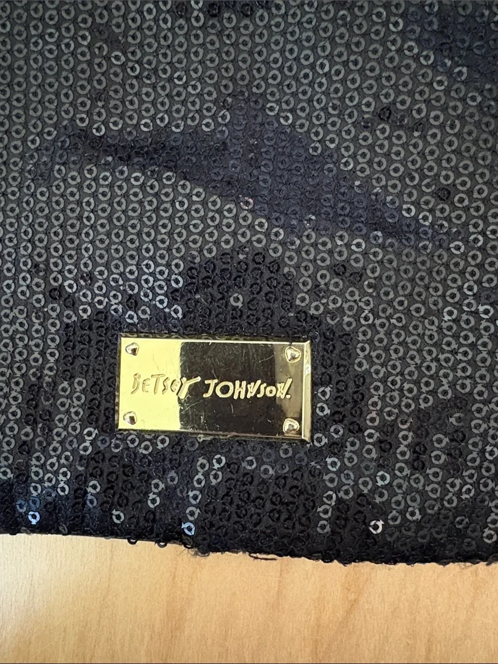 Betsey Johnson Black Sequin Wristlet with Pink Embroidered Logo - Picture 6 of 11